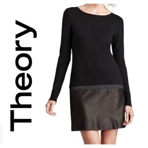 Theory Women Shift Dress Lamb Leather Trim Long Sleeve Zipper Detail Black large